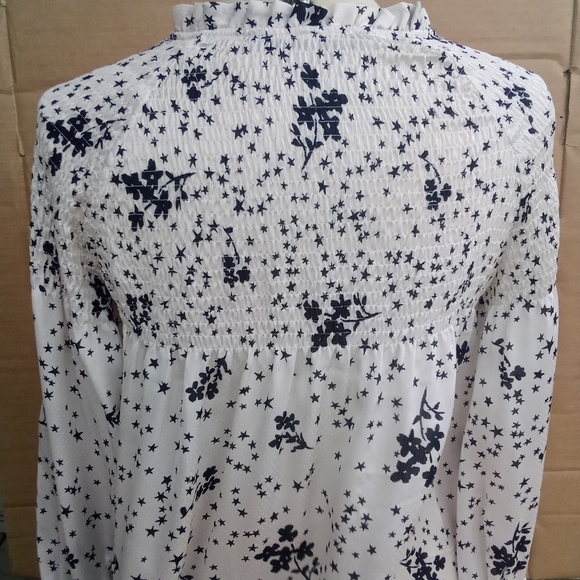 Zara Ruched Blouse White & Black Floral Stars Pattern Front Tie Balloon Sleeve - Picture 8 of 16